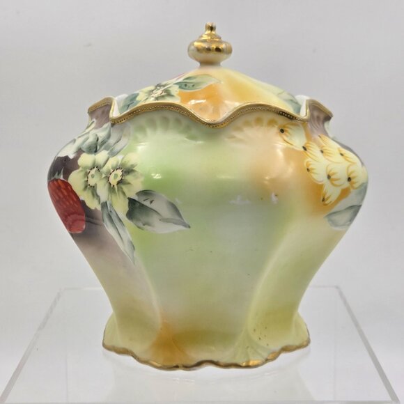 Antique Nippon Biscuit Jar Hand Painted Raspberries Gooseberries w/ Lid Japan - Picture 4 of 13
